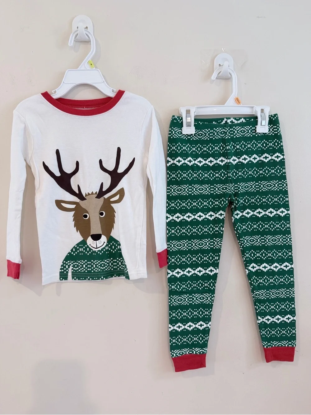 Carter's White & Green Reindeer Pajama Set with Red Trim